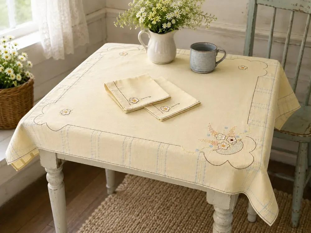 Vintage Handmade Yellow Floral Embroidered Tablecloth 2 Napkins Cottagecore Set
